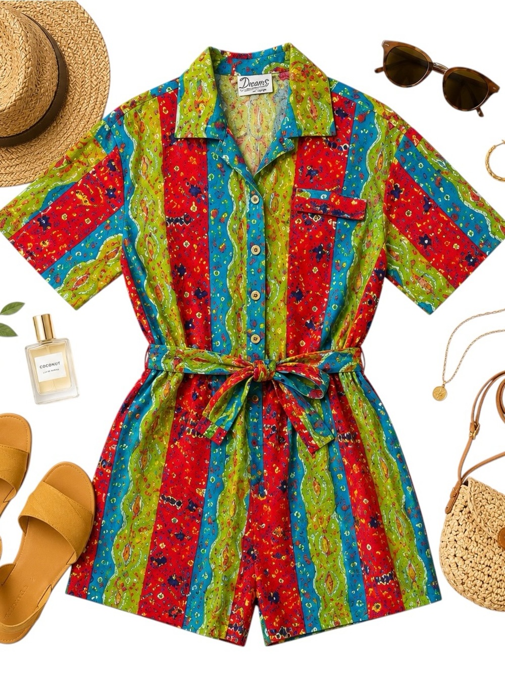 Dreams Vintage 80s Neon Abstract Cotton Romper Belted NWT Women’s Small Rare